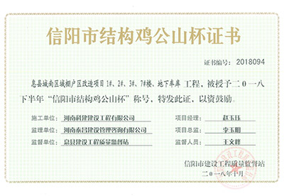 “息县城南区域棚户区改造项目1#、2#、3#、7#楼、地下车库电子娱乐pg平台”被授予2018下半年“信阳市结构鸡公山杯”称号