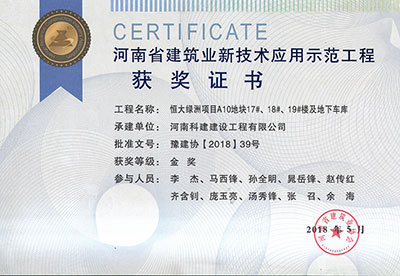 “恒大绿洲项目A10地块17#、18#、19#楼及地下车库电子娱乐pg平台”荣获“河南省建筑业新技术应用示范电子娱乐pg平台”金奖