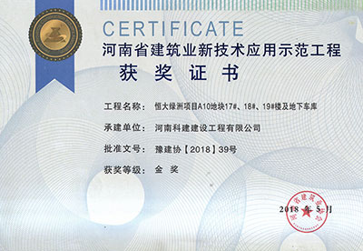 “恒大绿洲项目A10地块17#、18#、19#楼及地下车库电子娱乐pg平台”荣获“河南省建筑业新技术应用示范电子娱乐pg平台”金奖